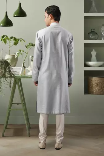 Light grey ps fabric embroidery kurta pyjama for men's