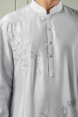 Light grey ps fabric embroidery kurta pyjama for men's 4