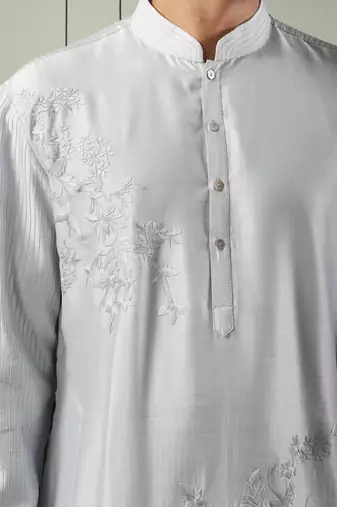 Light grey ps fabric embroidery kurta pyjama for men's