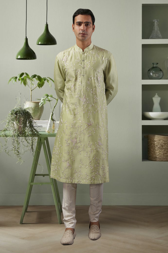 Fawn ps fabric floral embroidery kurta pyjama for men's