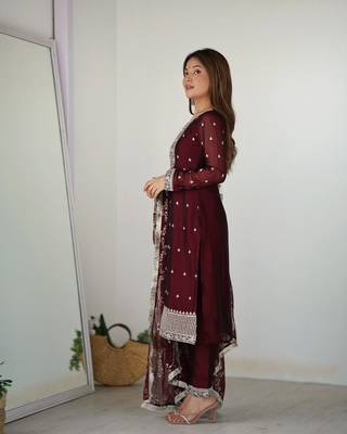  Maroon embroidered palazzo set with georgette heavy dupatta   4
