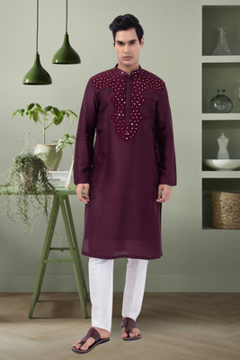 Art silk wine mirror embroidery kurta pant for men's 1