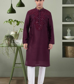 Art silk wine mirror embroidery kurta pant for men's