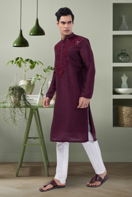 Art silk wine mirror embroidery kurta pant for men's 2