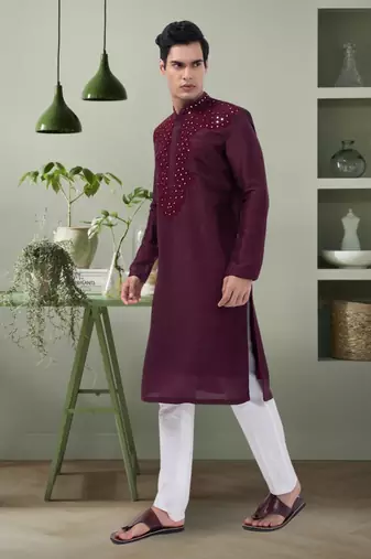 Art silk wine mirror embroidery kurta pant for men's