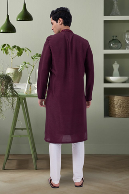 Art silk wine mirror embroidery kurta pant for men's 3