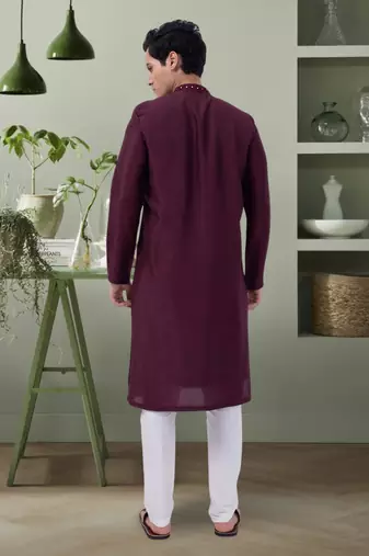 Art silk wine mirror embroidery kurta pant for men's