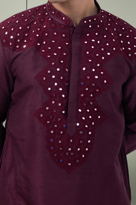 Art silk wine mirror embroidery kurta pant for men's 4
