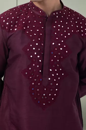 Art silk wine mirror embroidery kurta pant for men's