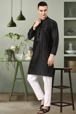 Black art silk mirror embroidery kurta pant set for men's 1