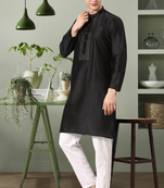 Black art silk mirror embroidery kurta pant set for men's
