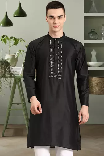 Black art silk mirror embroidery kurta pant set for men's