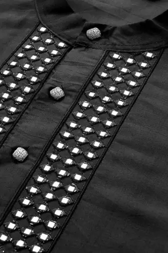 Black art silk mirror embroidery kurta pant set for men's