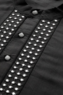 Black art silk mirror embroidery kurta pant set for men's 4