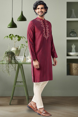 Maroon art silk embroidery beautiful design kurta pant for men's 1
