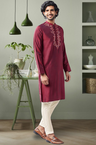 Maroon art silk embroidery beautiful design kurta pant for men's