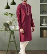 Maroon art silk embroidery beautiful design kurta pant for men's