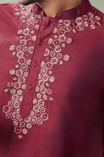 Maroon art silk embroidery beautiful design kurta pant for men's
