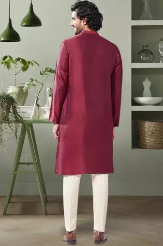 Maroon art silk embroidery beautiful design kurta pant for men's