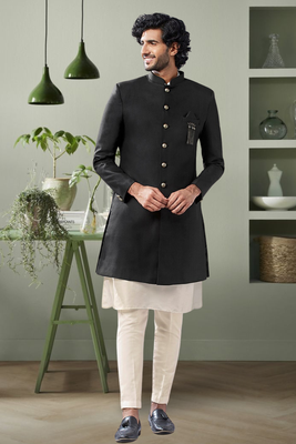 Black art silk jodhpuri and off white kurta pant set 1