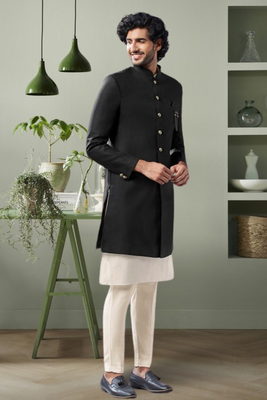 Black art silk jodhpuri and off white kurta pant set 2