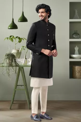 Black art silk jodhpuri and off white kurta pant set