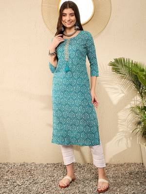 Women Teal color cotton thread work fancy kurta 1