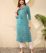 Women Teal color cotton thread work fancy kurta
