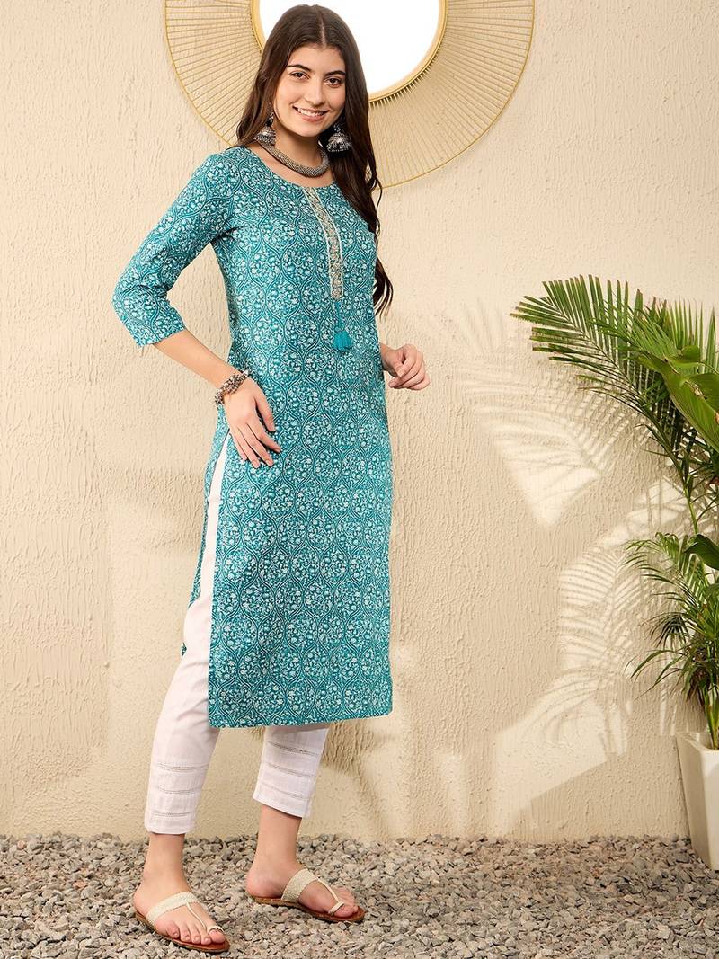 Women Teal color cotton thread work fancy kurta