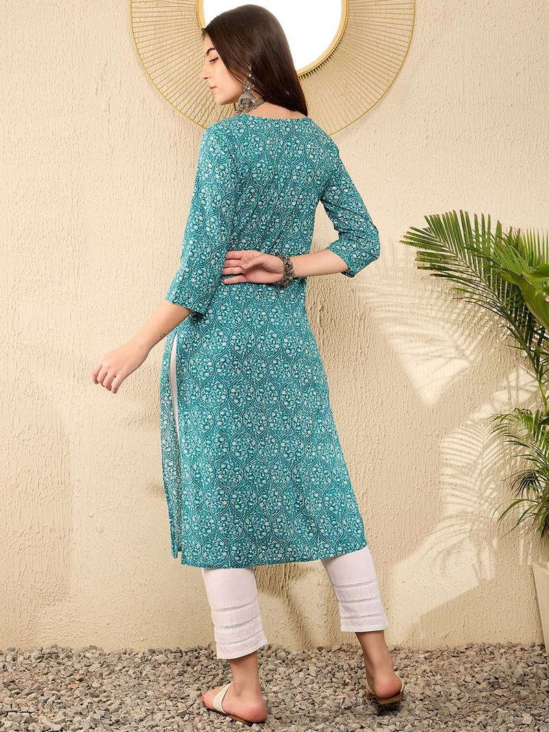 Women Teal color cotton thread work fancy kurta