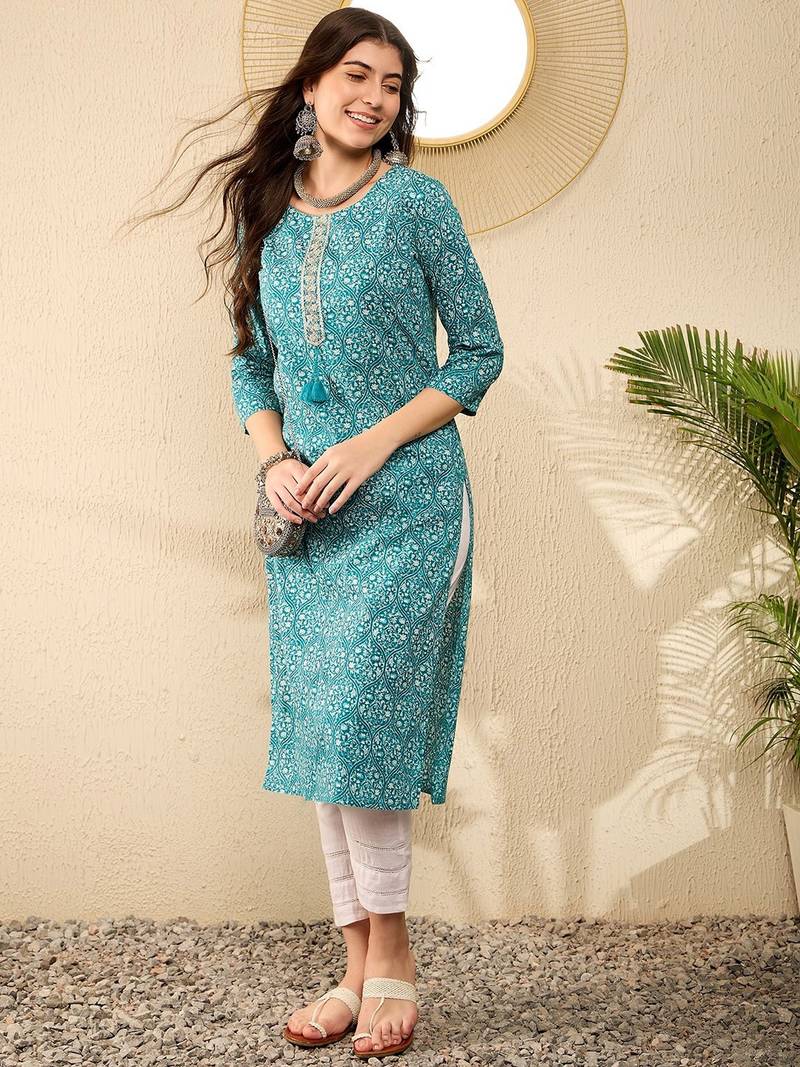Women Teal color cotton thread work fancy kurta