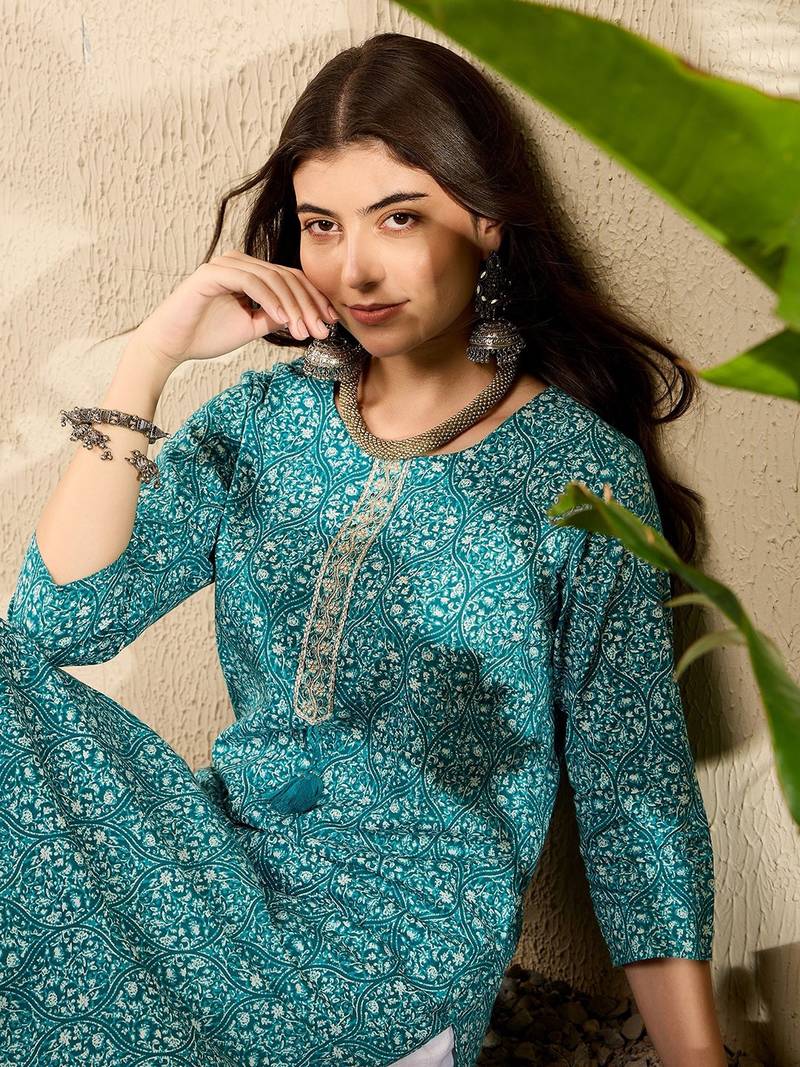 Women Teal color cotton thread work fancy kurta