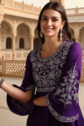 Purple color silk blended zari work fancy gown and dupatta set 