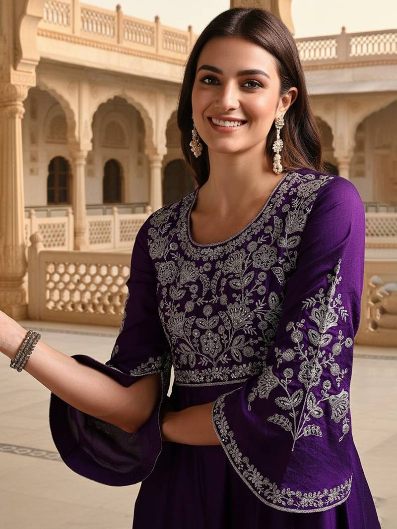 Purple color silk blended zari work fancy gown and dupatta set 
