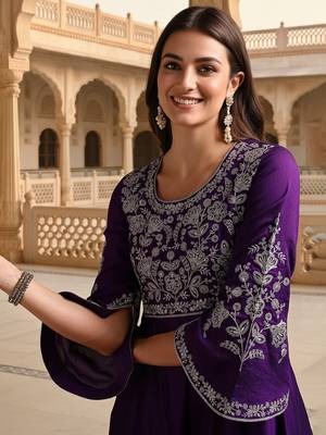 Purple color silk blended zari work fancy gown and dupatta set  1