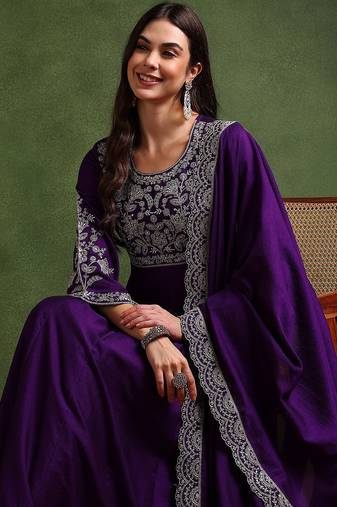 Purple color silk blended zari work fancy gown and dupatta set 