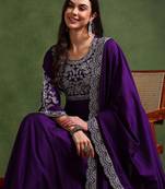 Purple color silk blended zari work fancy gown and dupatta set 
