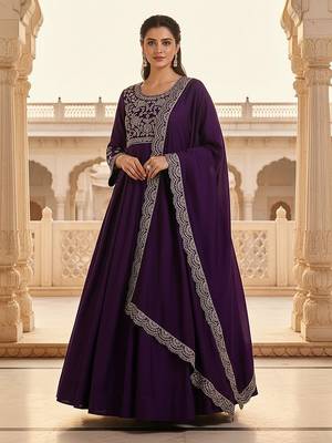 Purple color silk blended zari work fancy gown and dupatta set  2