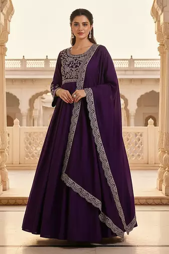 Purple color silk blended zari work fancy gown and dupatta set 