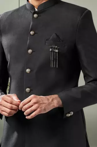Black art silk jodhpuri and off white kurta pant set