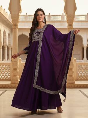 Purple color silk blended zari work fancy gown and dupatta set  3