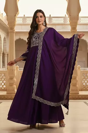 Purple color silk blended zari work fancy gown and dupatta set 