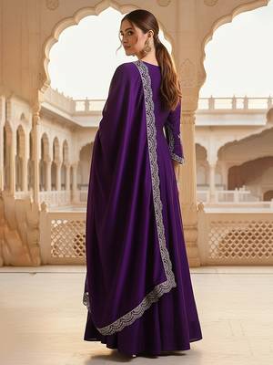Purple color silk blended zari work fancy gown and dupatta set  4