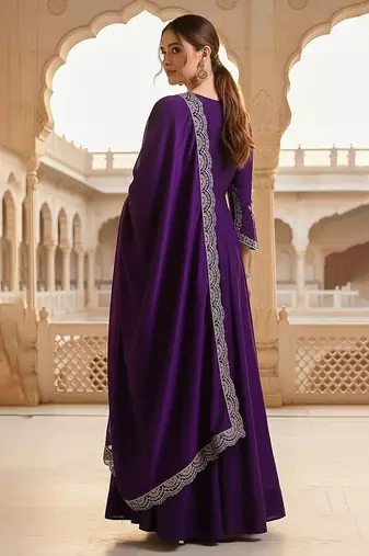 Purple color silk blended zari work fancy gown and dupatta set 