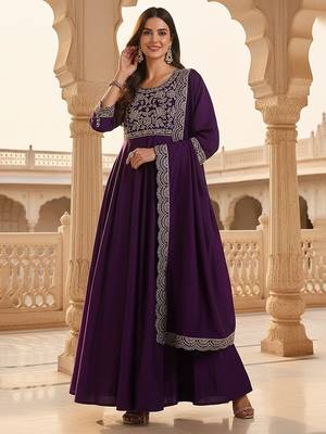 Purple color silk blended zari work fancy gown and dupatta set  5
