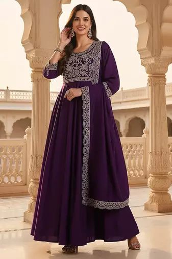 Purple color silk blended zari work fancy gown and dupatta set 
