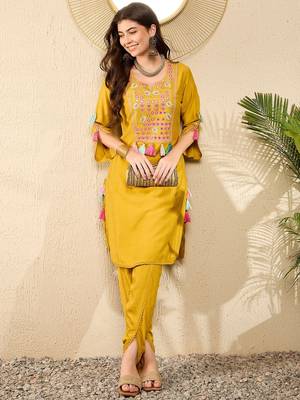 Women Mustard color viscose rayon thread work fancy kurta and bottom set 1