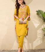 Women Mustard color viscose rayon thread work fancy kurta and bottom set
