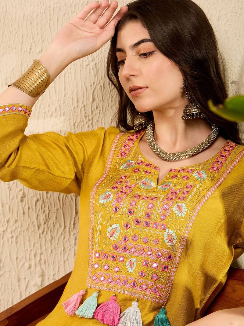 Women Mustard color viscose rayon thread work fancy kurta and bottom set