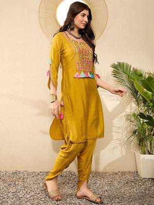 Women Mustard color viscose rayon thread work fancy kurta and bottom set 4